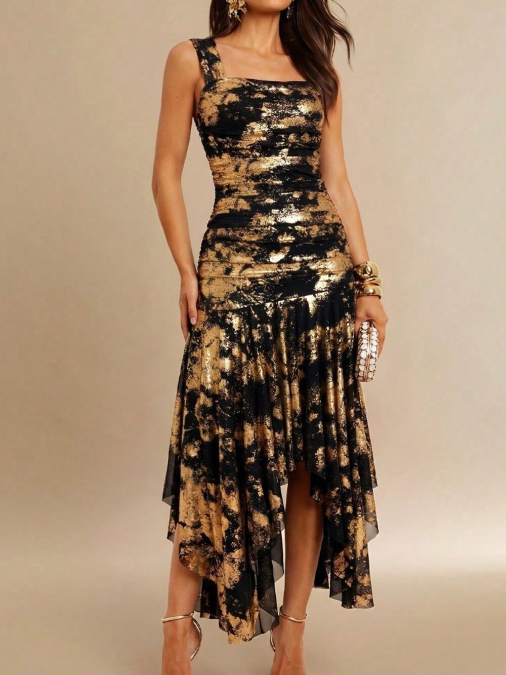 Black Elegant Women's Foil Print Asymmetrical Maxi Dress